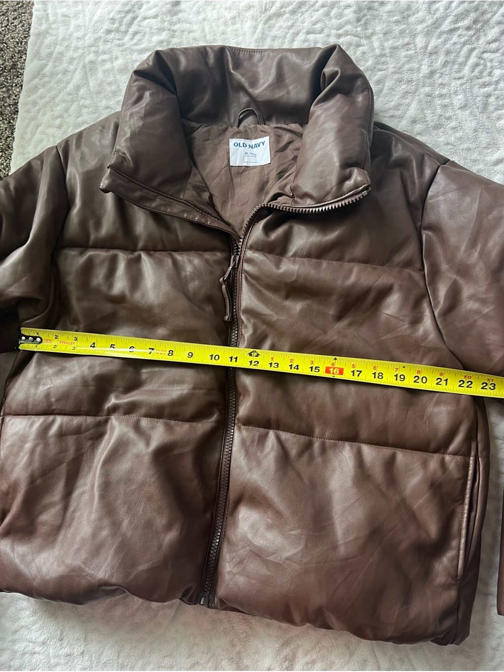 Old Navy Mock Neck Faux Leather Puffer Brown Jacket | Size XL Tall - Picture 7 of 9
